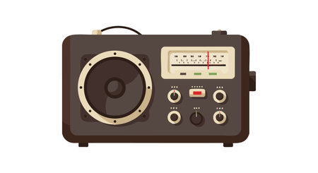 Illustration shows a vintage radio receiver featuring a large speaker, tuning dials, and a frequency display in a retro style. Classic mood.のイラスト素材