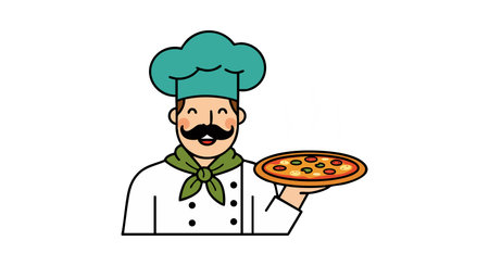 Illustration of a chef character holding a pizza with a mustache and green scarf, presenting food with a happy mood.のイラスト素材