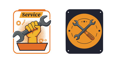 Vector illustration shows hand holding wrench and crossed wrench with screwdriver on orange background, symbolizing repair and service work, vibrant mood.のイラスト素材