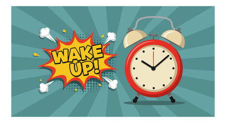 Vector shows a red alarm clock and comic style wake up text with rays background in bright colors, creating energetic and lively mood.のイラスト素材