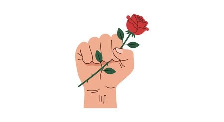 A raised fist grips a red rose firmly, symbolizing peace and solidarity with clear colors in a bold vector style. Empowering mood.のイラスト素材