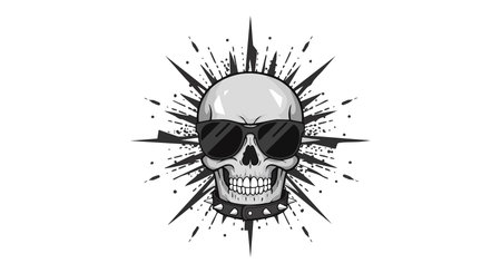 Illustration shows a skull wearing dark sunglasses and a spiked collar with a black ink splatter background. The style is bold and edgy.のイラスト素材