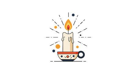 Vector illustration of a burning candle in a decorated cup with orange and dark blue accents in minimalist style, calm and cozy.のイラスト素材