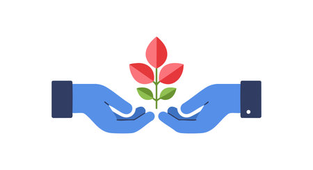 Illustration shows two blue hands gently holding a small plant with red leaves representing care and environmental protection in flat style calm.のイラスト素材