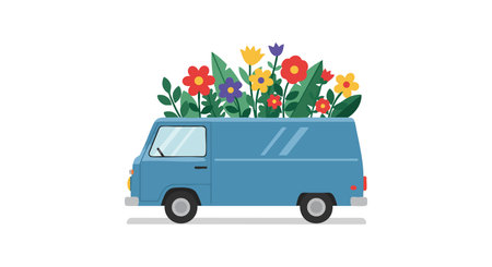 This vector illustration shows a blue van with vibrant flowers growing from its roof, symbolizing creativity and nature, in a cheerful mood.のイラスト素材
