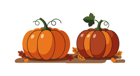 Two orange pumpkins with green stems lie on the ground surrounded by autumn leaves in warm colors, evoking a cozy fall season mood.のイラスト素材