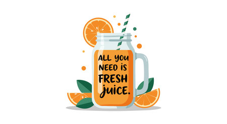 Vector illustration shows fresh orange juice in a mason jar with green straw and orange slices, creating a refreshing and vibrant mood.のイラスト素材