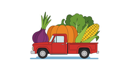 Red pickup truck transports fresh vegetables including pumpkin, onion, corn, and broccoli in its bed, showcasing farm produce with a cheerful vibe.のイラスト素材