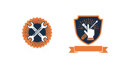Vector illustration features crossed wrench and screwdriver with maintenance shield emblem in orange and blue colors, symbolizing repair and service, professional mood.のイラスト素材