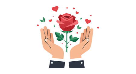 Illustration shows two hands holding a red rose with hearts floating above, representing love, care, and affection in a gentle mood.のイラスト素材