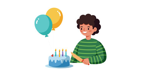Young boy in green striped shirt celebrates birthday with cake and balloons, creating a joyful and festive atmosphere. Cheerful mood.のイラスト素材