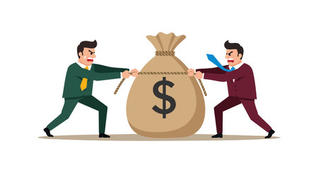 Two businessmen pull a large money bag in opposite directions, representing financial conflict and competition in business. Tense atmosphere.のイラスト素材