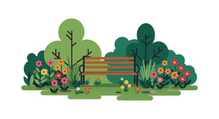 This vector shows a garden bench with a variety of colorful flowers and green bushes in a flat style, evoking a calm and peaceful mood.のイラスト素材
