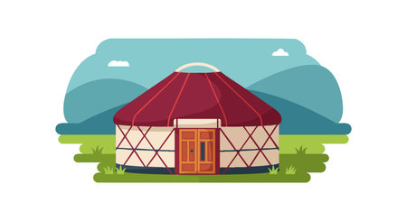 This vector illustration shows a traditional yurt with red roof and wooden door set in a green landscape under blue sky, peaceful mood.のイラスト素材