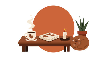 This vector shows a cozy indoor scene with a steaming cup, book, lit candle, sleeping cat, and potted plant, creating a warm atmosphere.のイラスト素材