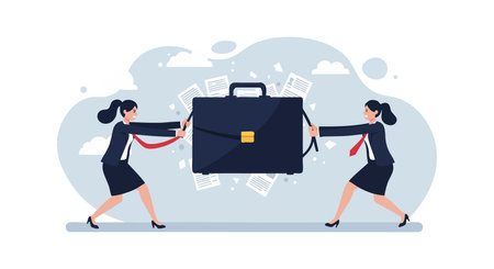 Two businesswomen engage in a tug of war with a large briefcase, symbolizing workplace conflict and competition, in a dynamic office setting. Energetic mood.のイラスト素材