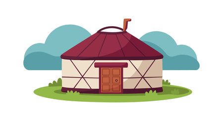 Vector illustration shows traditional yurt with red roof and wooden door standing on green grass under blue sky, peaceful mood.のイラスト素材