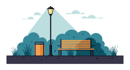Vector illustration of an urban park bench beside a street lamp and trash can with bushes and clouds in the background, peaceful atmosphere.のイラスト素材