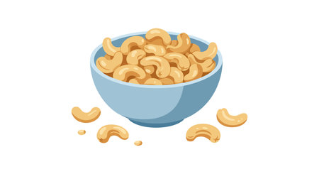 Illustration shows cashew nuts in a blue bowl with scattered nuts around, highlighting natural healthy food option in a simple style. Calm.のイラスト素材