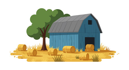 Vector shows a blue barn surrounded by round hay bales and a green leafy tree on dry grass in a rural farm environment, peaceful mood.のイラスト素材