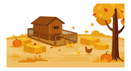 Illustration shows a chicken coop surrounded by pumpkins, hay bales, and a tree with falling leaves in a warm autumn setting, peaceful mood.のイラスト素材