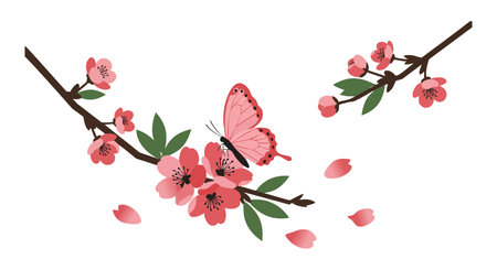 Vector illustration shows pink butterfly resting on cherry blossom branch with petals falling gently, evoking springtime calm mood.のイラスト素材