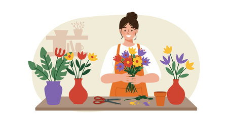 Florist in orange apron arranges a vibrant bouquet at table with scissors and pots, surrounded by plants in a cozy workshop setting, cheerful mood.のイラスト素材