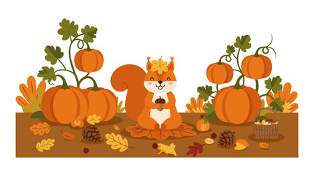 Vector illustration showing a squirrel holding an acorn among orange pumpkins, fallen autumn leaves, and pinecones in a warm setting. Cozy mood.のイラスト素材