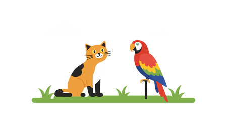 Vector illustration shows a cat sitting next to a colorful parrot perched on a stick surrounded by grass in a playful scene. Cheerful mood.のイラスト素材