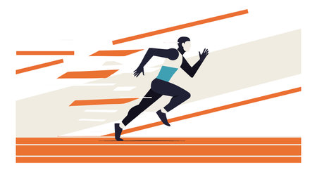 Vector illustration shows male sprinter running fast with dynamic orange and beige lines in background, conveying speed and energy mood.のイラスト素材
