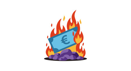 Illustration shows euro currency burning in flames over ashes, symbolizing financial loss or crisis with vivid colors and clear design, intense mood.のイラスト素材