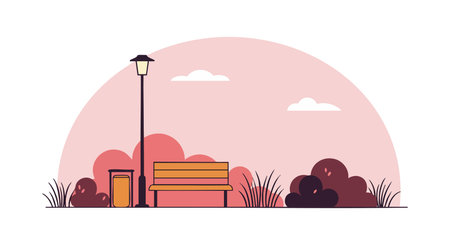 Vector illustration shows a park bench and street lamp with bushes under a soft pink sunset sky in a peaceful outdoor setting. Calm scene.のイラスト素材