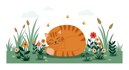 Illustration shows a sleeping orange tabby cat nestled among wildflowers and tall grass with butterflies fluttering nearby, creating a calm mood.のイラスト素材