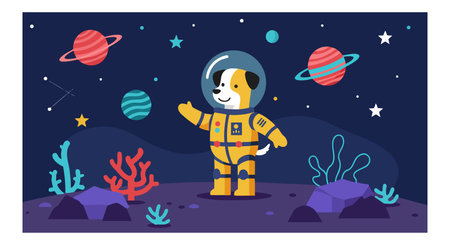 Illustration shows a dog wearing an astronaut suit standing on an alien planet with colorful planets and stars above, creating a playful space scene. Cheerful mood.のイラスト素材