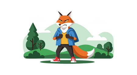 Fox character with orange fur wearing a blue jacket and red shoes stands confidently in a green forest landscape under a cloudy sky, adventurous mood.のイラスト素材