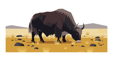 Yak grazes on dry yellow grassland with scattered rocks and distant mountains under clear sky in a calm natural scene. Peaceful mood.のイラスト素材