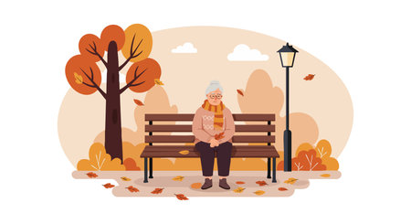 Illustration shows elderly woman sitting on park bench during autumn with falling leaves and warm clothing in calm outdoor setting. Peaceful mood.のイラスト素材