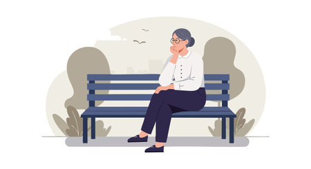 Illustration shows elderly woman sitting alone on a bench outdoors in a calm natural setting with birds flying, conveying a peaceful mood.のイラスト素材