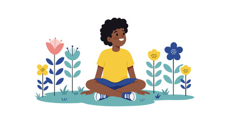Illustration shows a boy sitting cross-legged in a garden with vibrant blue, yellow, and pink flowers, creating a peaceful and cheerful mood.のイラスト素材