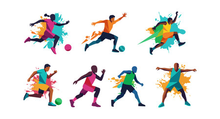 This vector illustration shows colorful abstract soccer players in various dynamic action poses, conveying energy and movement in a sporty atmosphere. Energetic.のイラスト素材