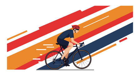 A cyclist wearing a red helmet rides a road bike on dynamic red, orange, and blue stripes with motion lines, creating an energetic atmosphere.のイラスト素材