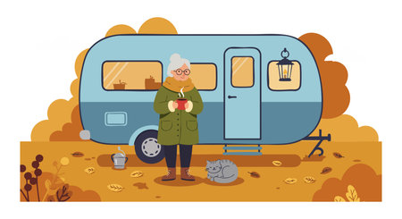 Elderly woman stands with a cup of coffee near a blue campervan surrounded by fallen leaves and a resting cat, creating a cozy autumn scene. Calm mood.のイラスト素材