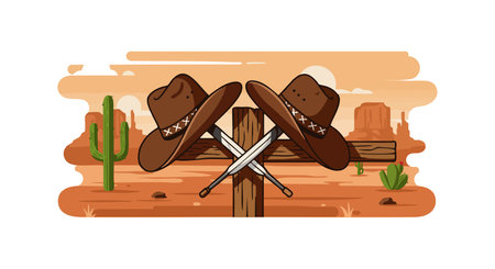 Illustration shows two cowboy hats and crossed knives mounted on a wooden post in a desert with cacti and rock formations, evoking a western mood.のイラスト素材