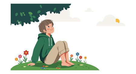 Illustration shows a child sitting barefoot on grass under a tree with colorful flowers, enjoying a peaceful moment in nature. Calm mood.のイラスト素材