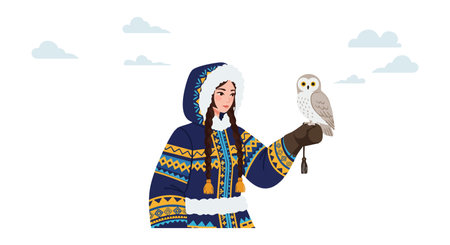 Woman dressed in blue and yellow winter attire holds a snowy owl on her gloved hand with clouds in background, calm mood.のイラスト素材