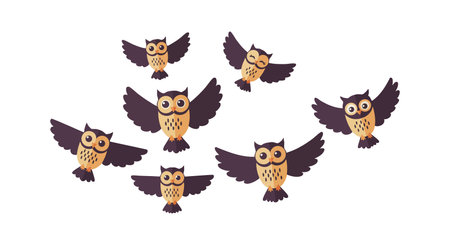 Vector illustration of seven cartoon owls with brown wings and beige bodies flying together in formation in a playful and lively mood.のイラスト素材