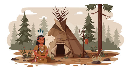 Native American woman sits peacefully near a teepee surrounded by pine trees and natural plants in a forest setting, calm and serene mood.のイラスト素材