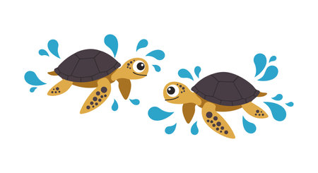 Two cartoon sea turtles swim playfully with blue water splashes in a fun and lively underwater scene. Cheerful mood.のイラスト素材