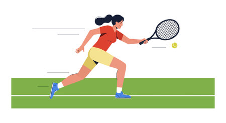 Female tennis player runs on green court to hit ball with racket in active motion, showing sports energy and focus. Energetic mood.のイラスト素材