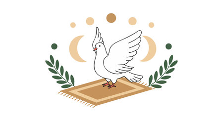White dove stands on a beige rug with crescent moons and green leaves surrounding it, creating a peaceful and spiritual atmosphere. Calm mood.のイラスト素材